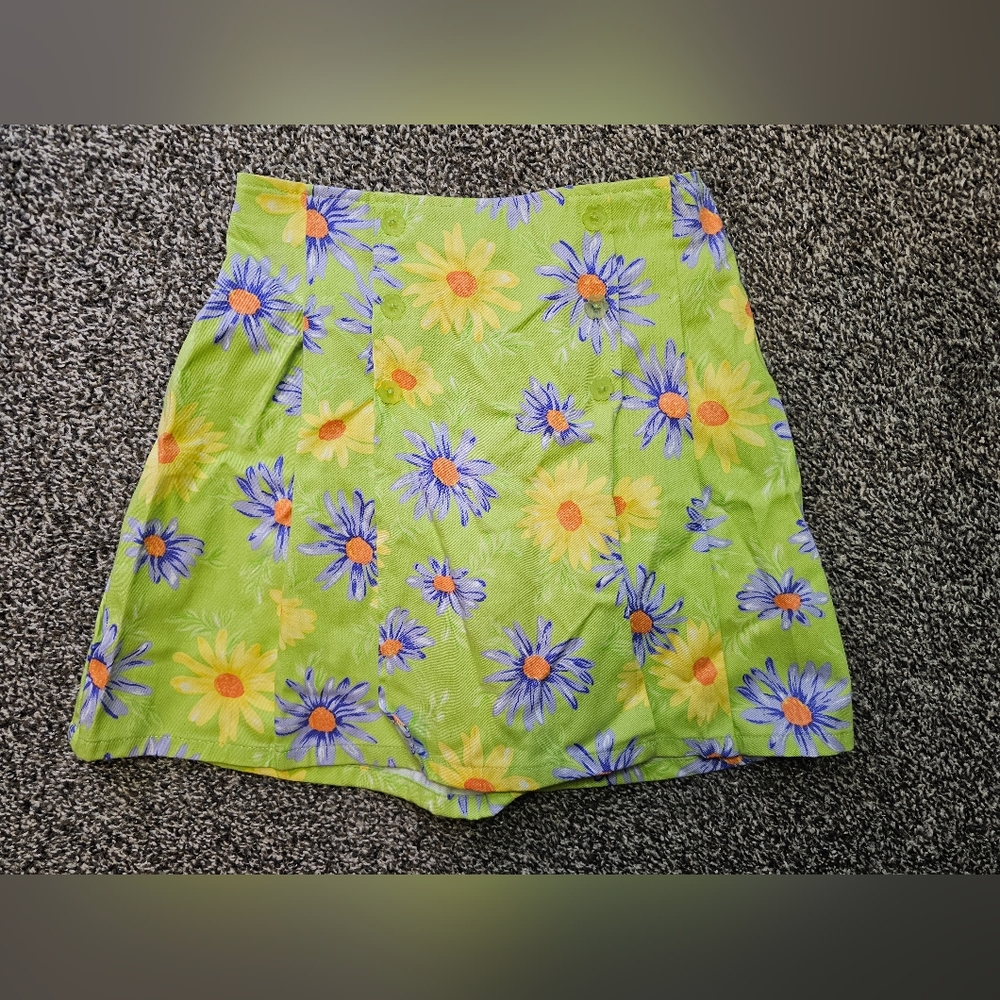 Green and Yellow Floral Skorts with Skirt Overlay